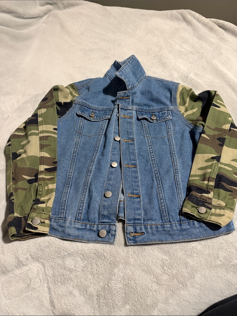 SHEIN Blue Denim Jacket with Green Camo Sleeves